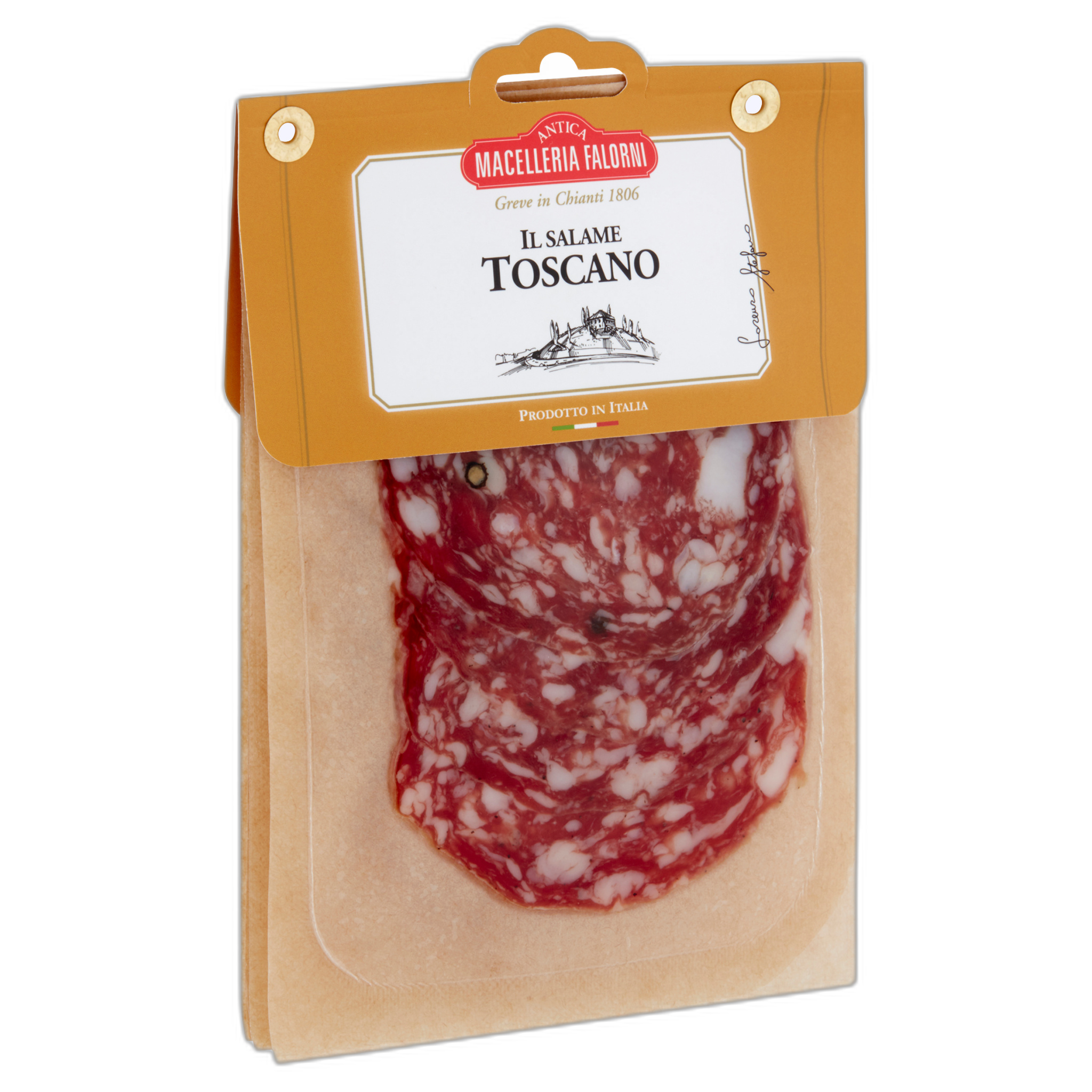 Packaged salami with 'Il Salame Toscano' label on a white background