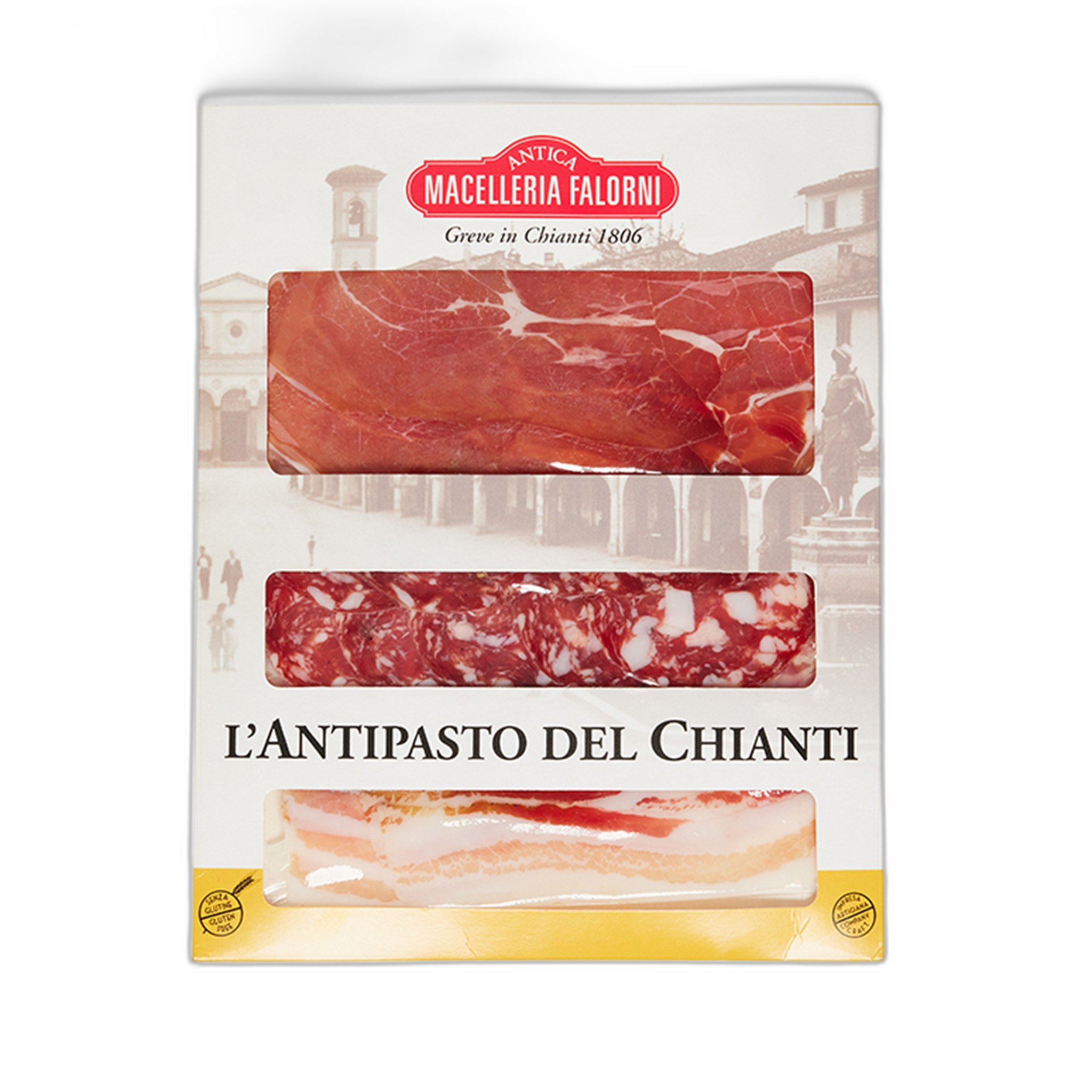 Packaged meat product with 'Antica Macelleria Falorni' branding on a white background