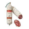 Salami with a label on a white background