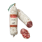 Salami with a label on a white background