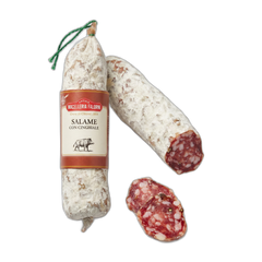 Salami with a label on a white background
