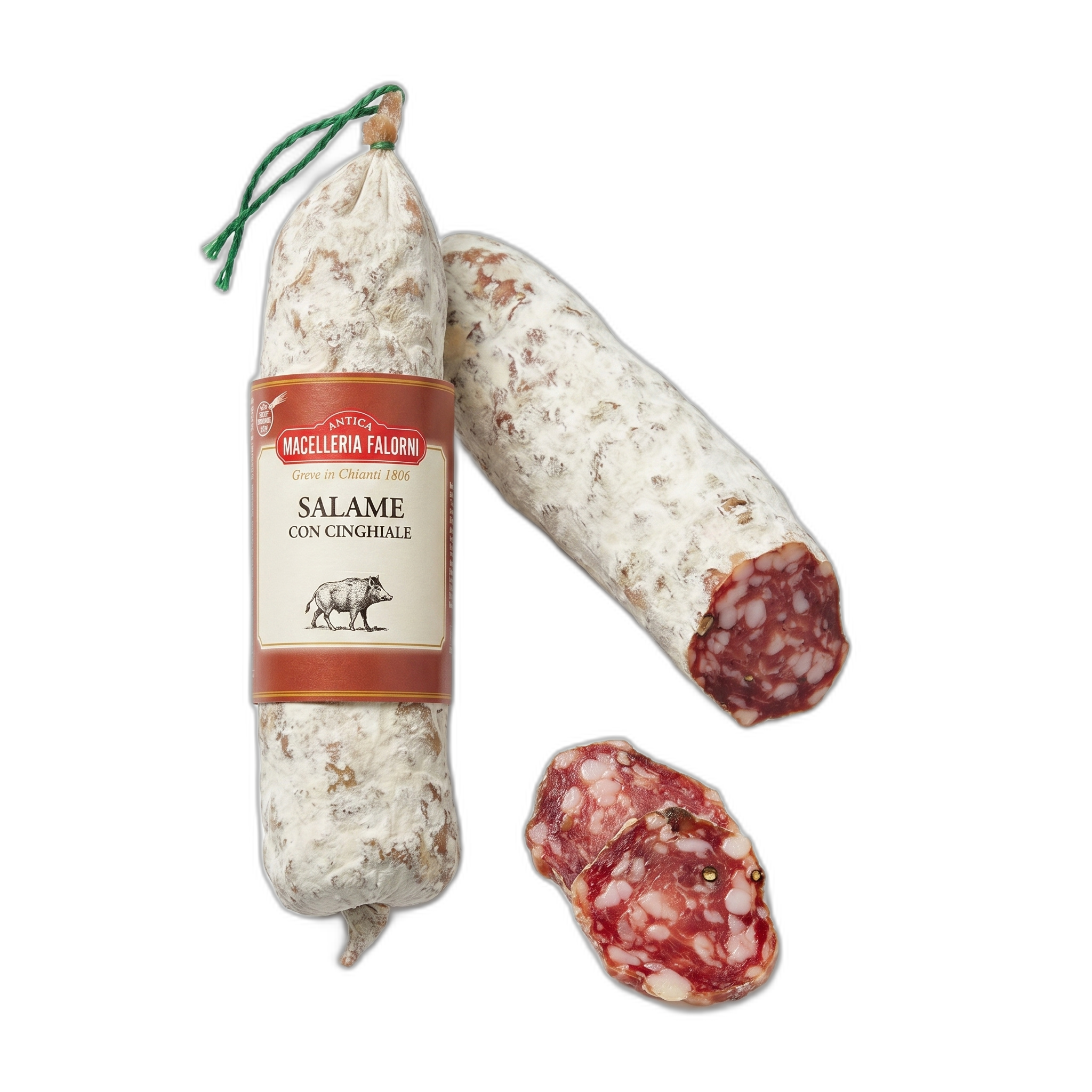 Salami with a label on a white background