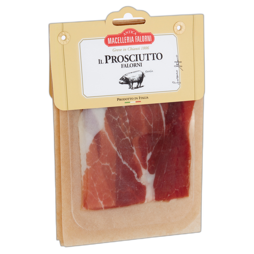 Packaged prosciutto with Falorni branding on a white background