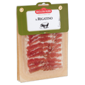 Packaged meat product with a green label on a white background
