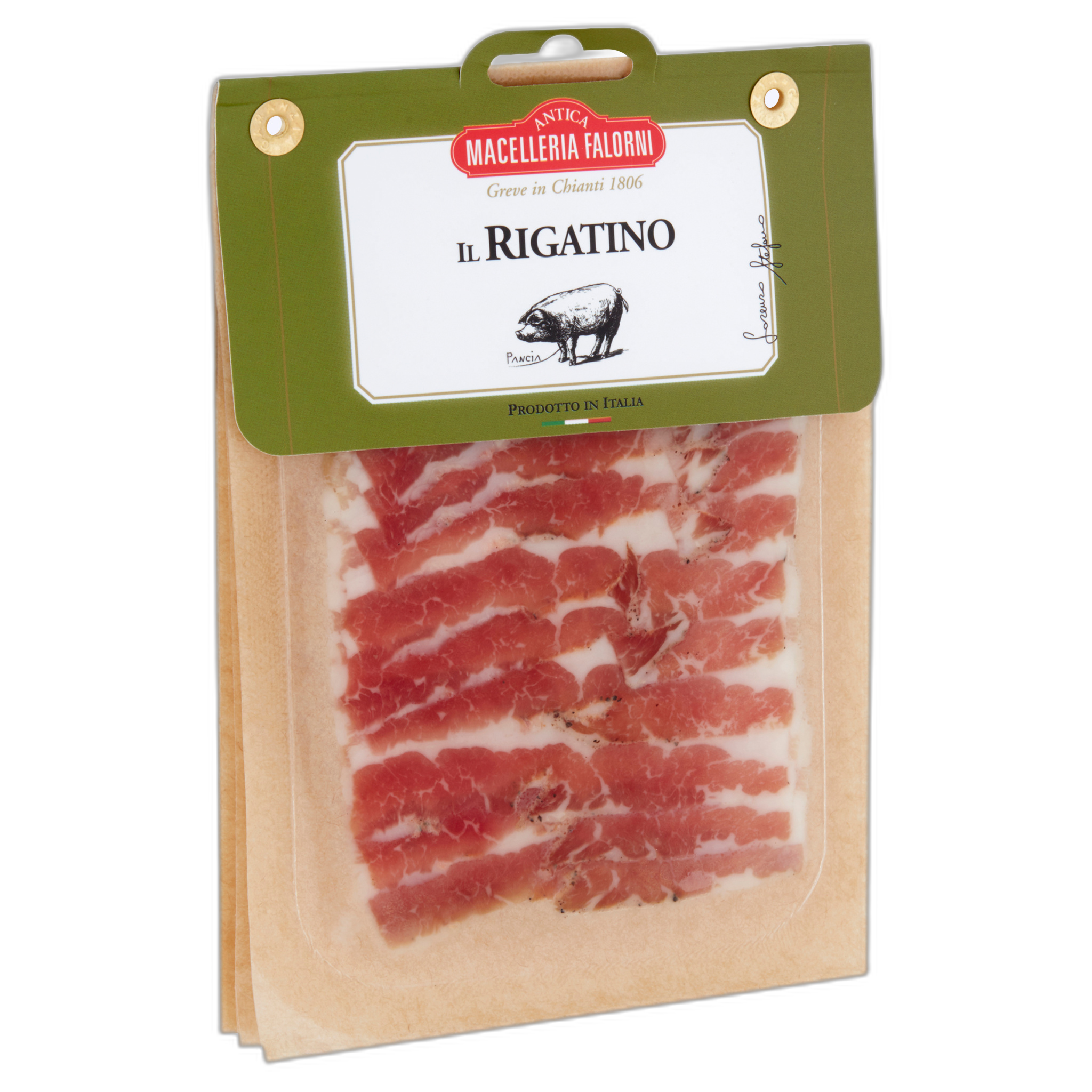 Packaged meat product with a green label on a white background