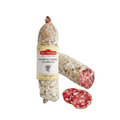 Salami with a label on a white background