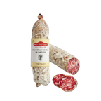 Salami with a label on a white background