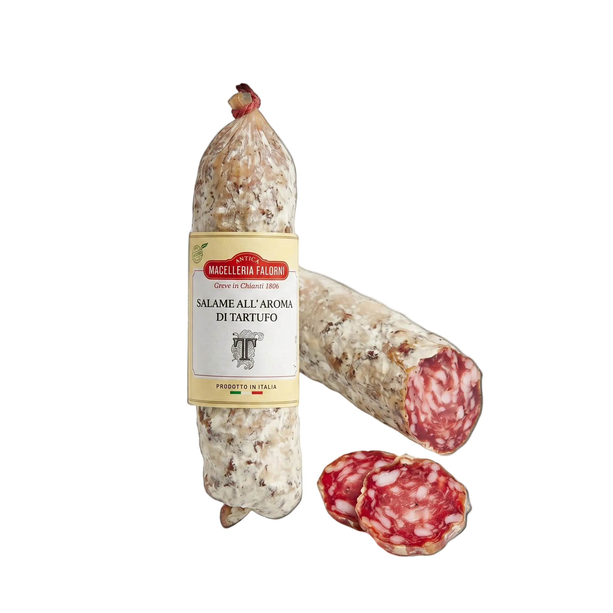 Salami with a label on a white background