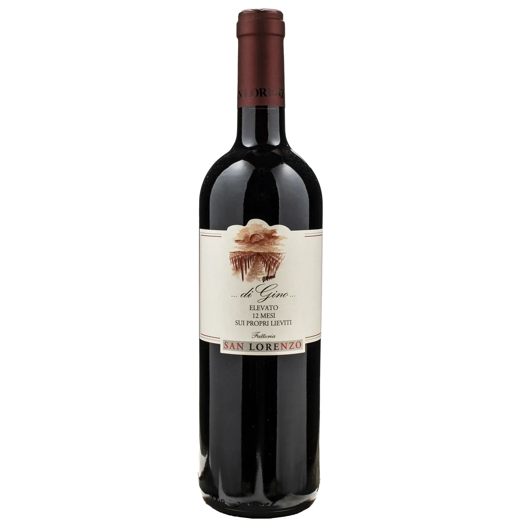Red wine bottle with a label on a white background