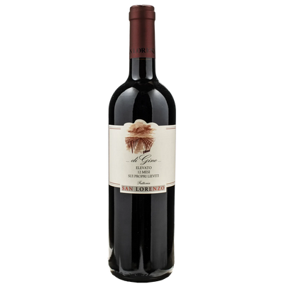 Red wine bottle with a label on a white background