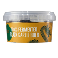 Container of 100% fermented black garlic bulb with a yellow label and clear lid.