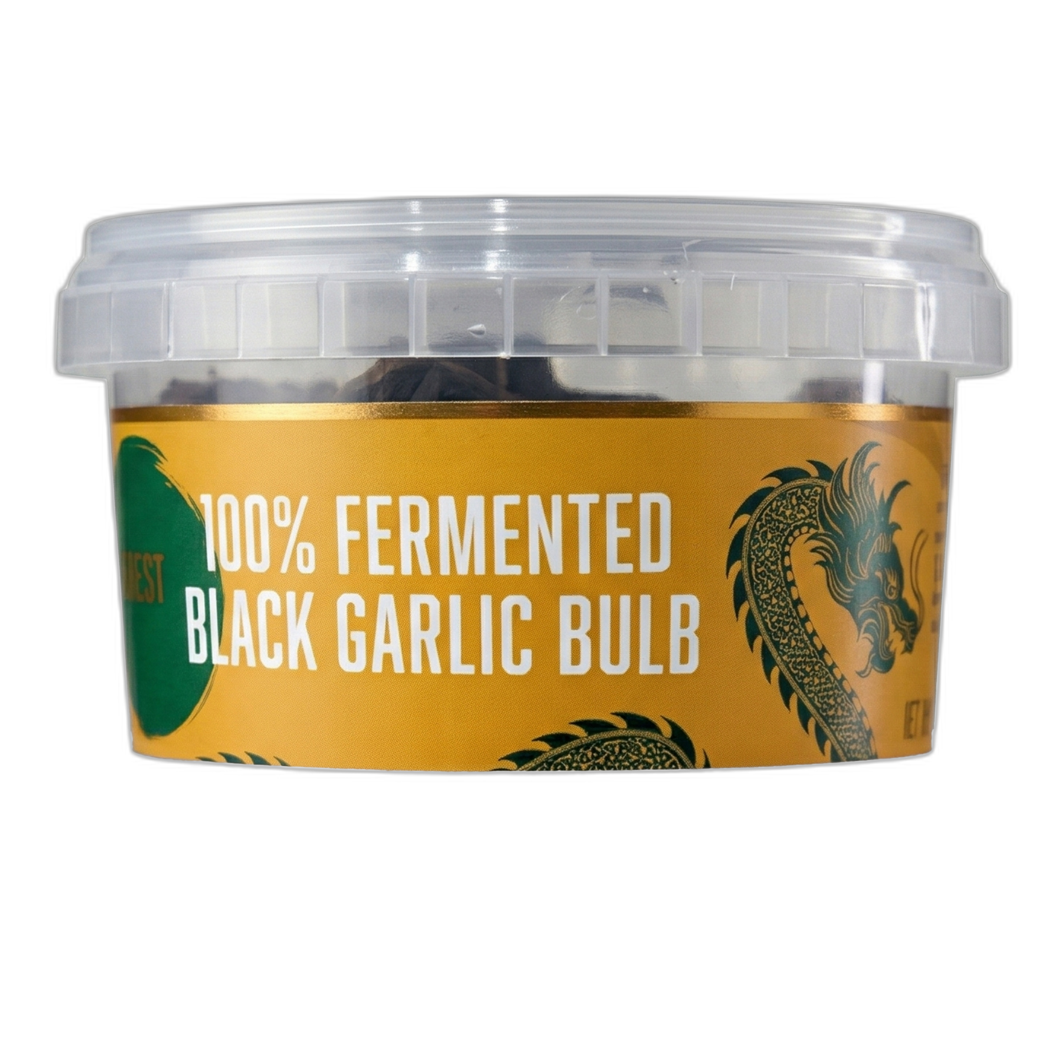 Container of 100% fermented black garlic bulb with a yellow label and clear lid.