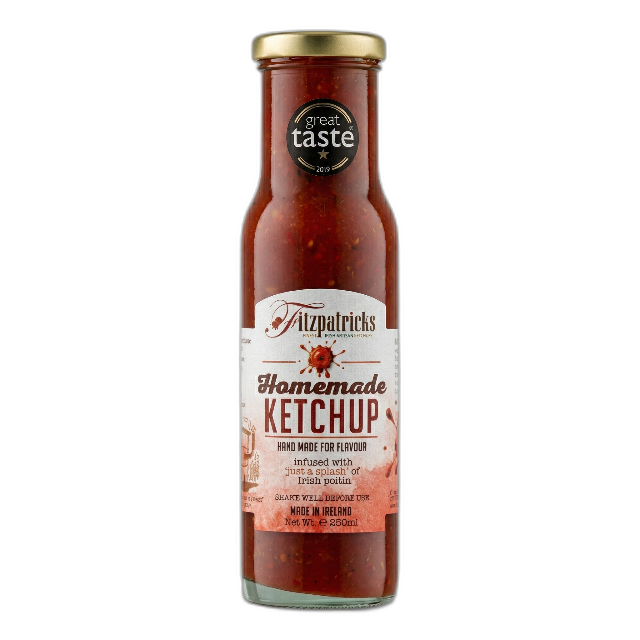 Bottle of Fitzpatricks Homemade Ketchup with a gold cap on a white background