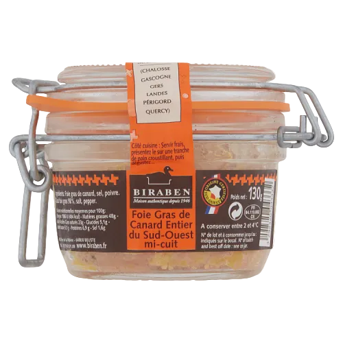 Jar of Biraben foie gras with a visible label on a white background