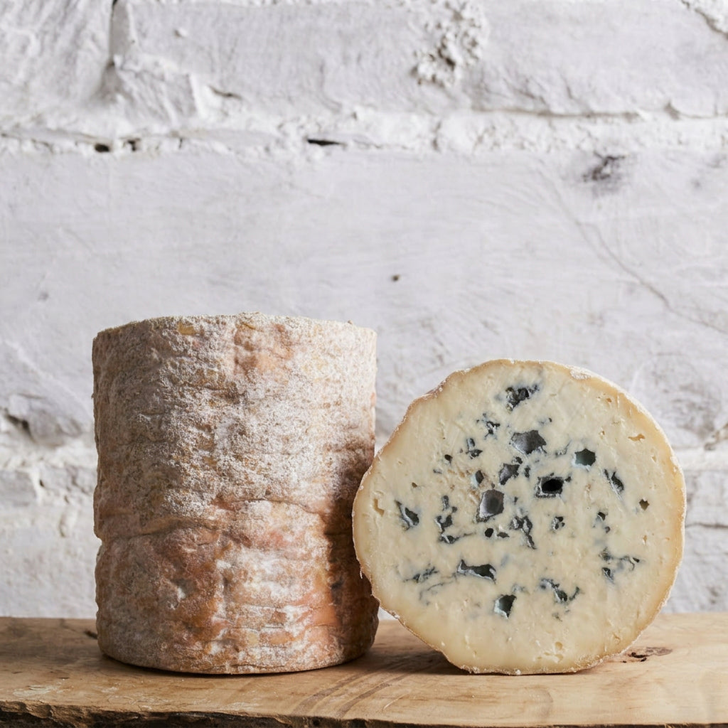 Two types of cheese, a whole and a sliced one, on a wooden board with a light gray textured background.