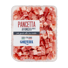 Tray of Golfera diced smoked pancetta on a white background