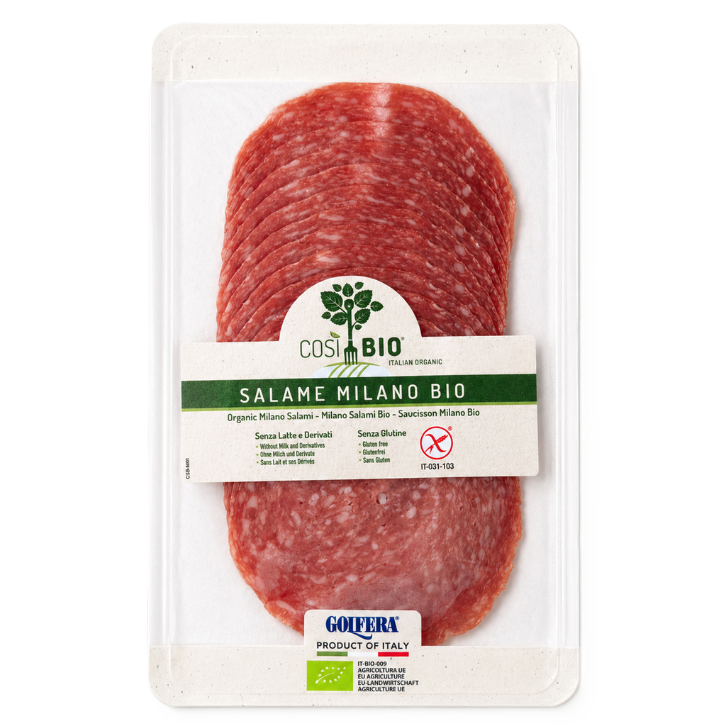 Packaged salami with a visible brand label on a white background