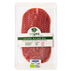 Packaged salami with a visible brand label on a white background