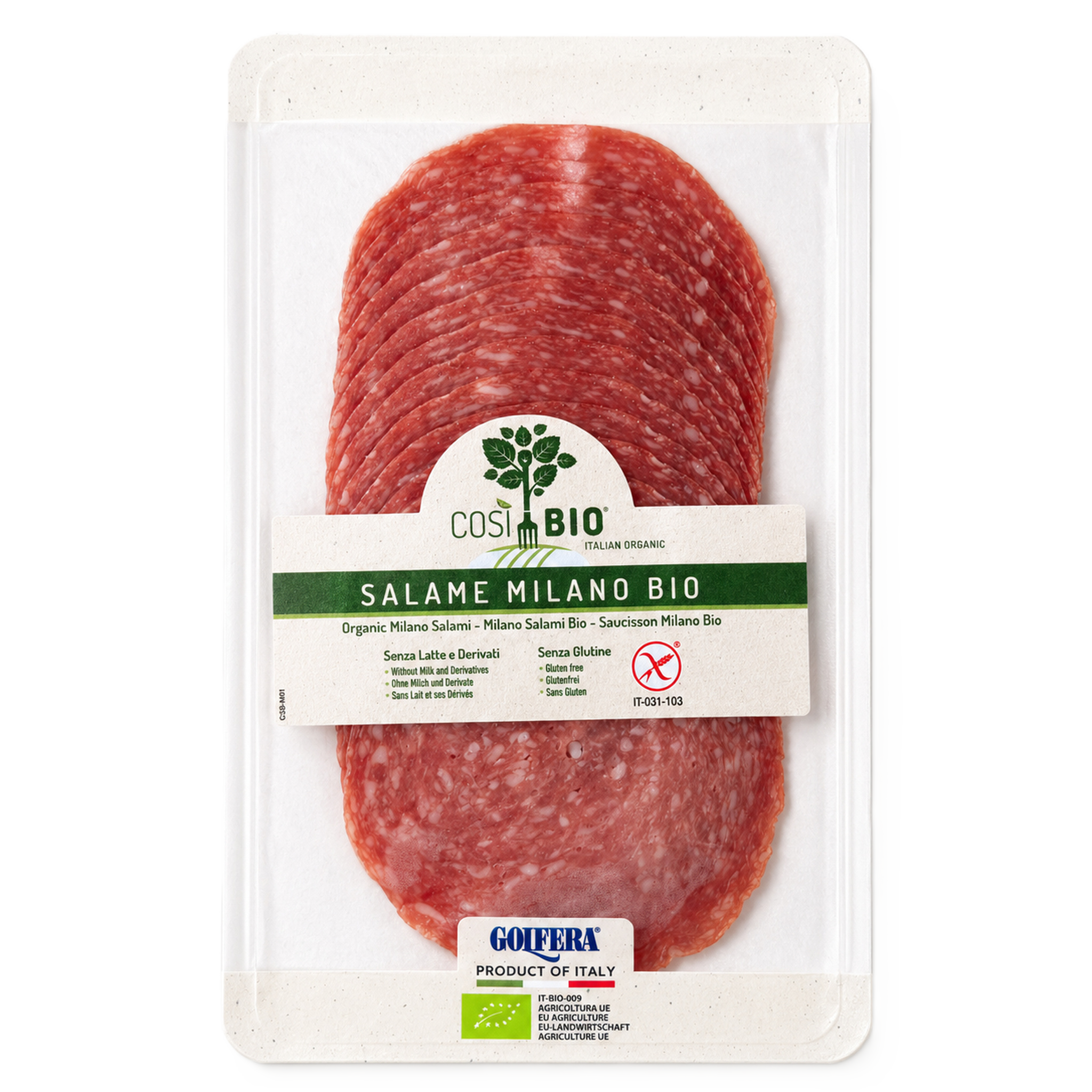 Packaged salami with a visible brand label on a white background