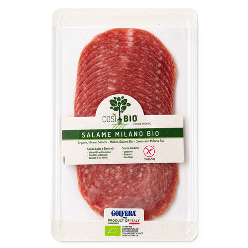 Packaged salami with a visible brand label on a white background