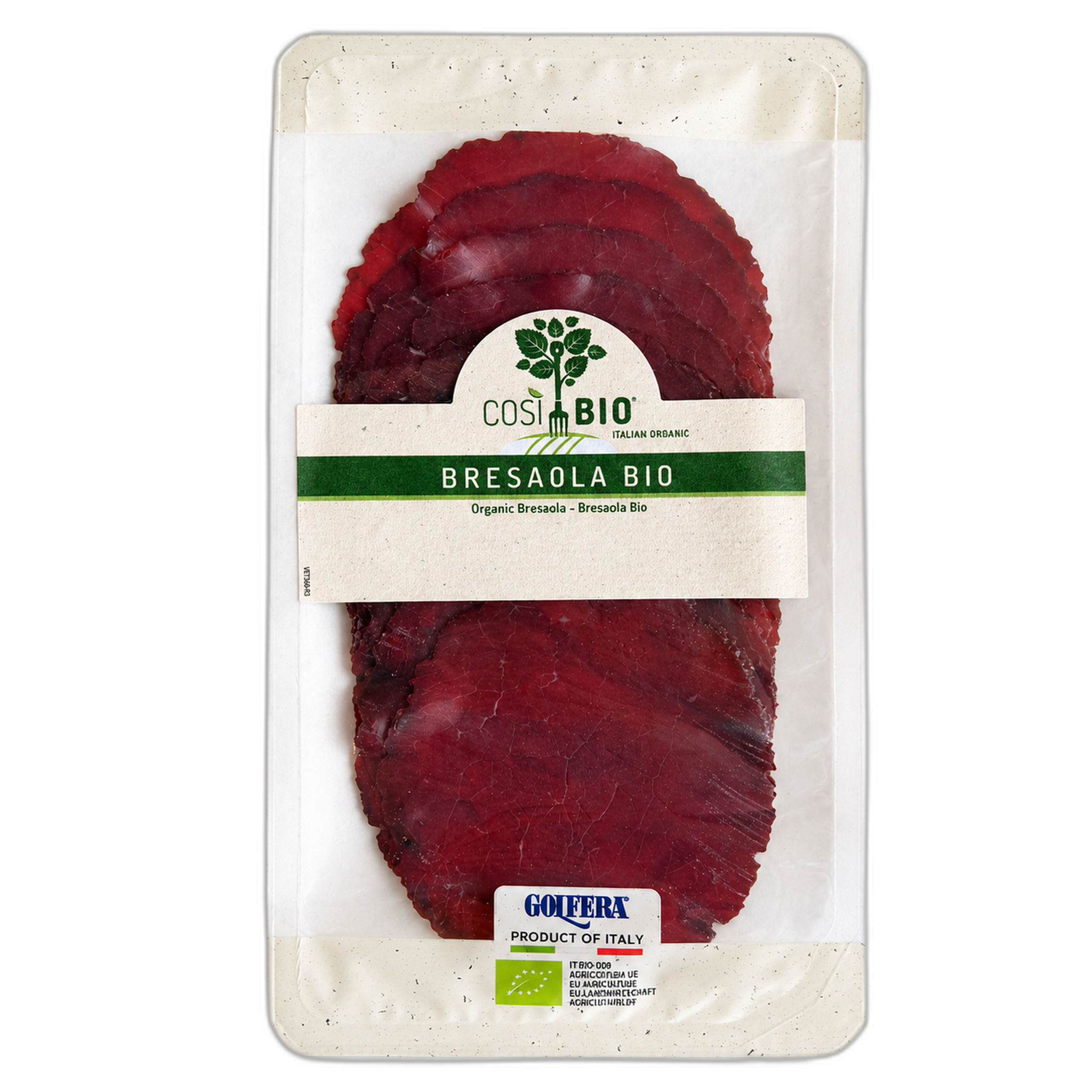 Packaged Bresaola Bio with CosiBio and Golfera branding on a white background