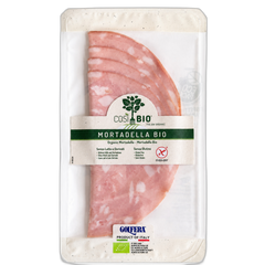 Packaged mortadella with 'Cosi Bio' label on a white background