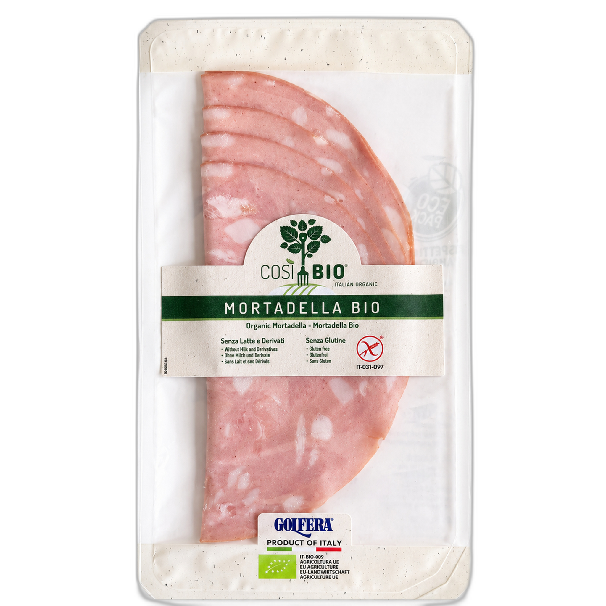 Packaged mortadella with 'Cosi Bio' label on a white background