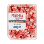 Tray of Golfera diced pancetta dolce on a white background