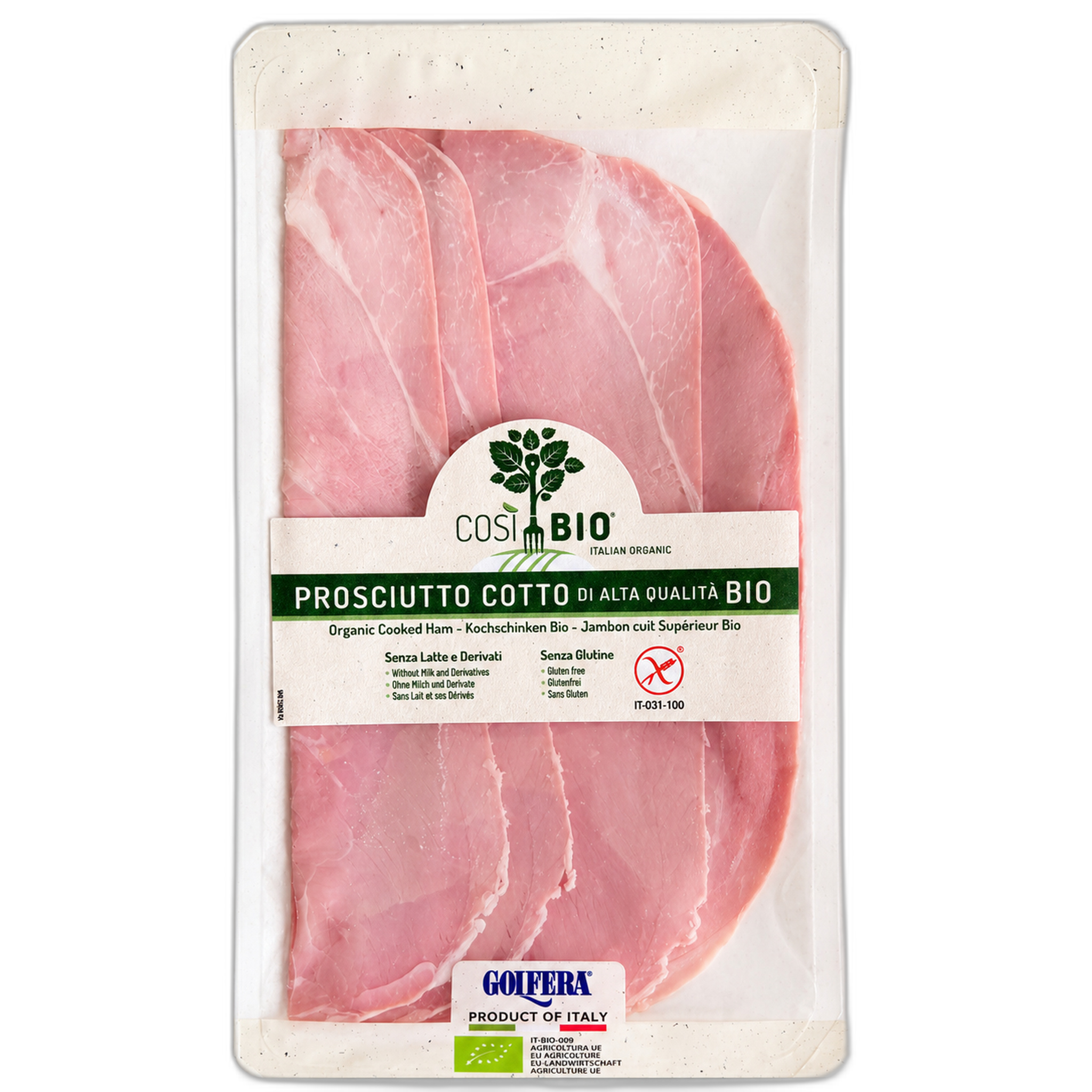 Packaged prosciutto with CosiBio branding on a white background
