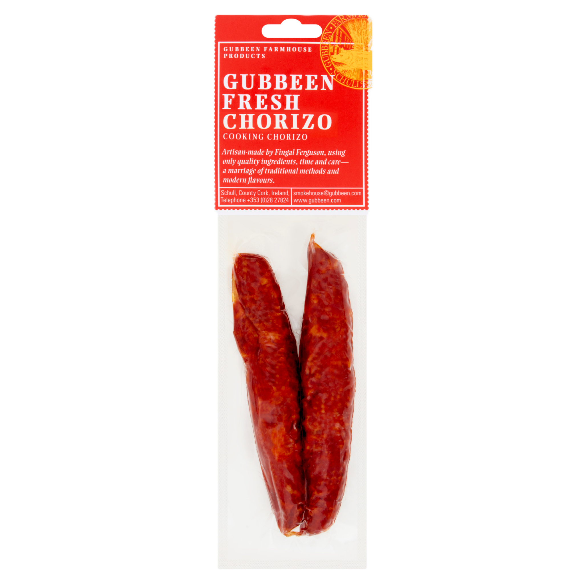 Packaged Gubbeen Fresh Chorizo on a white background