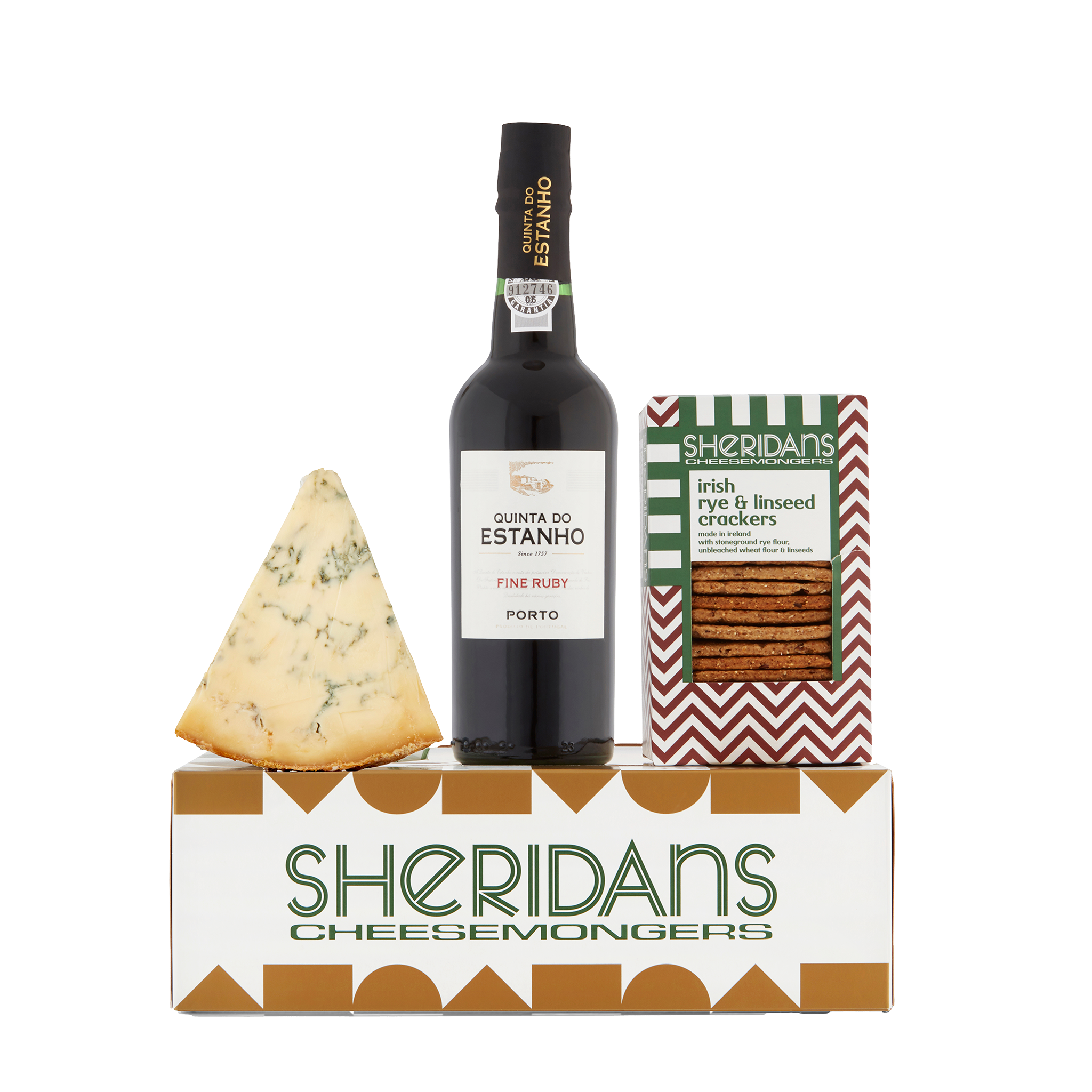 Port bottle, wedge of cheese, and box of crackers on a white background