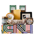 Assorted food items including cheese, salami, and crackers on a colorful box with Sheridan's branding.