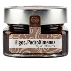 Jar of Higos al PedroXimenez with a decorative label on a white background