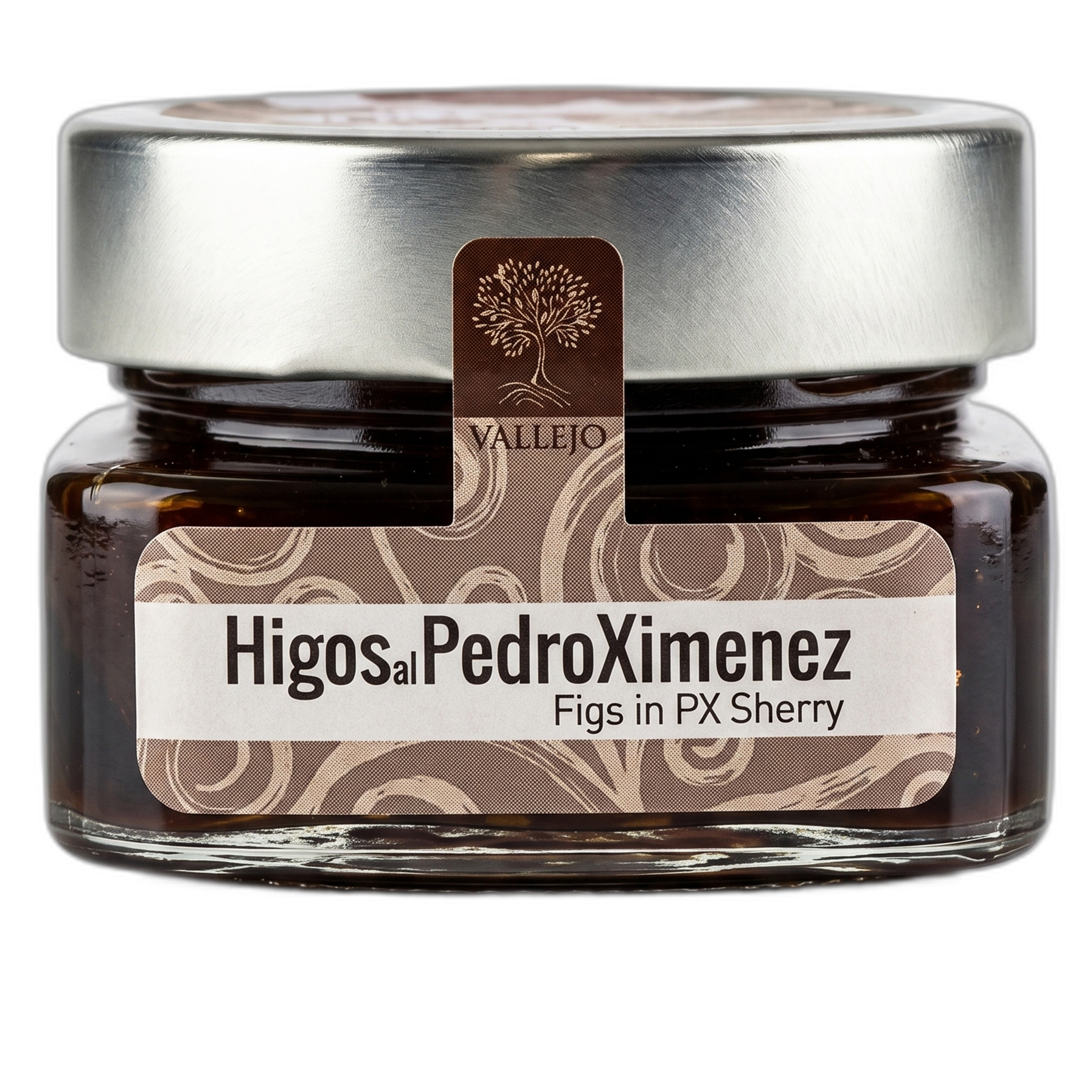 Jar of Higos al PedroXimenez with a decorative label on a white background