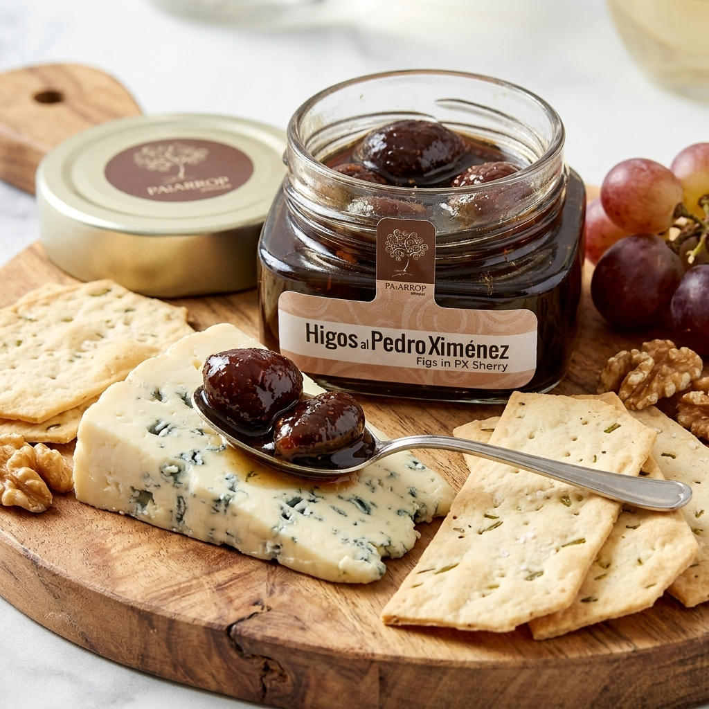Jar of Pedro Ximenez figs on a charcuterie board with cheese, crackers, and grapes.