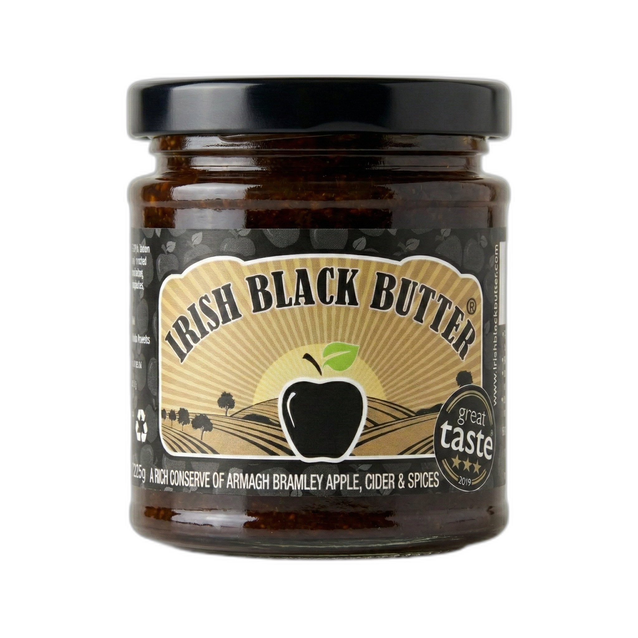 Jar of Irish Black Butter with a black lid on a white background