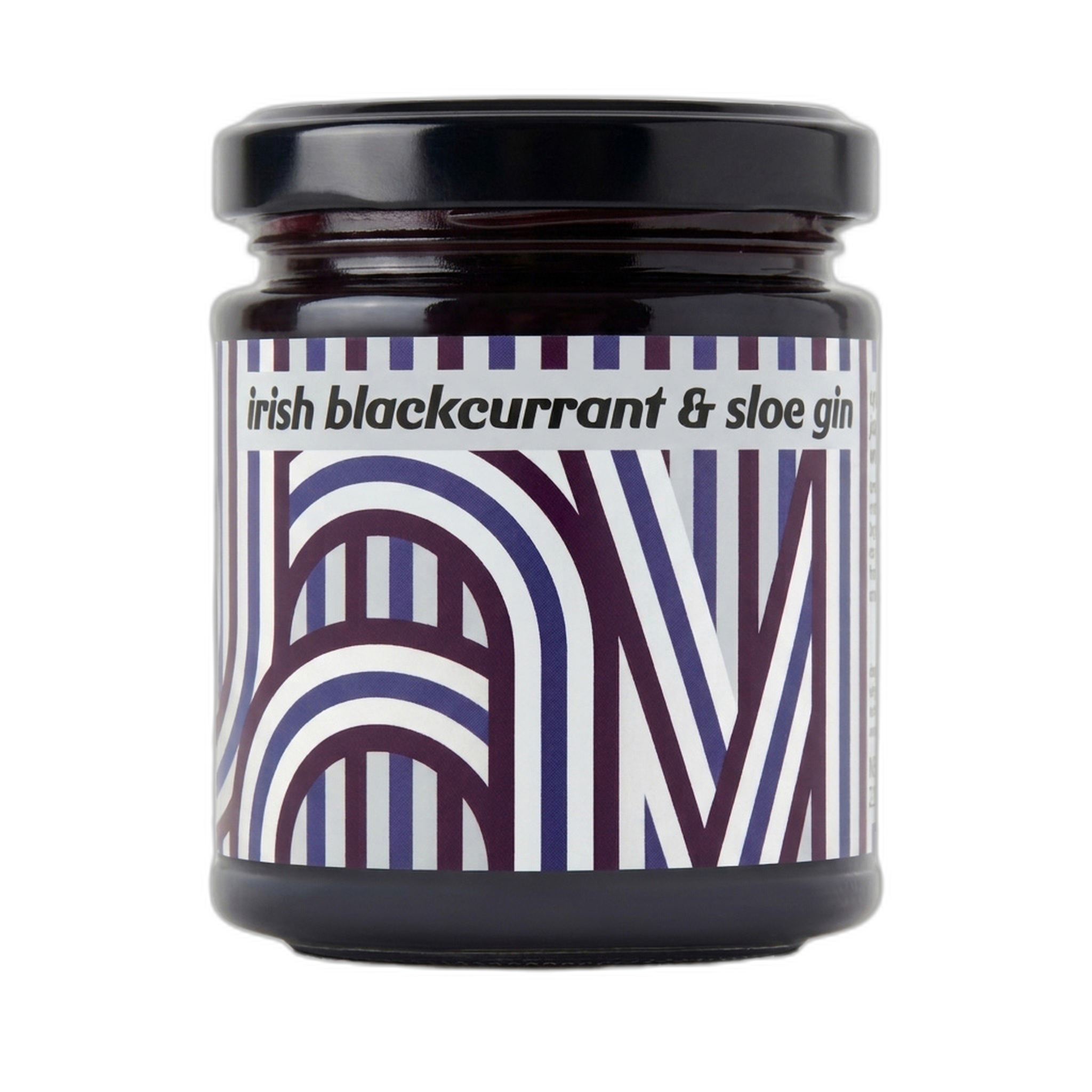 Jar of Irish blackcurrant & sloe gin on a white background