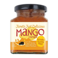 Jar of Janet's Just Delicious Mango Chutney with a black lid on a white background