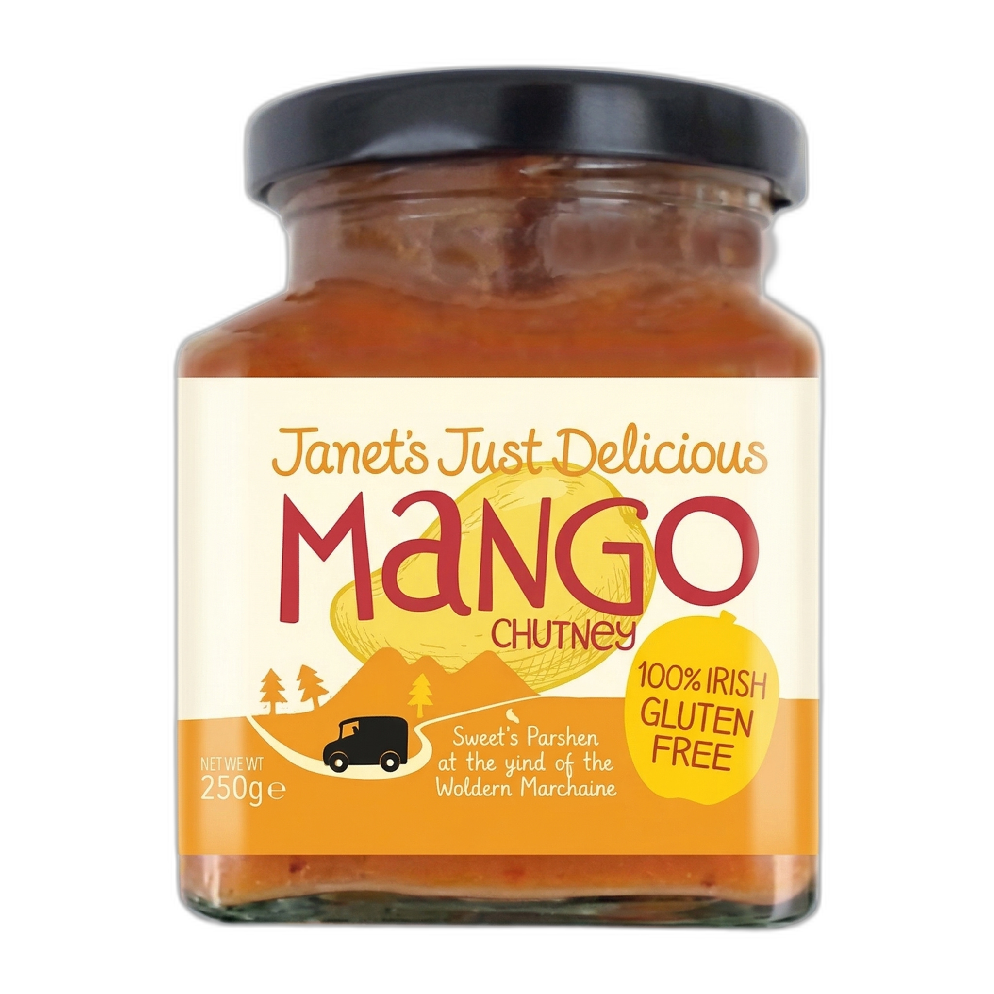 Jar of Janet's Just Delicious Mango Chutney with a black lid on a white background