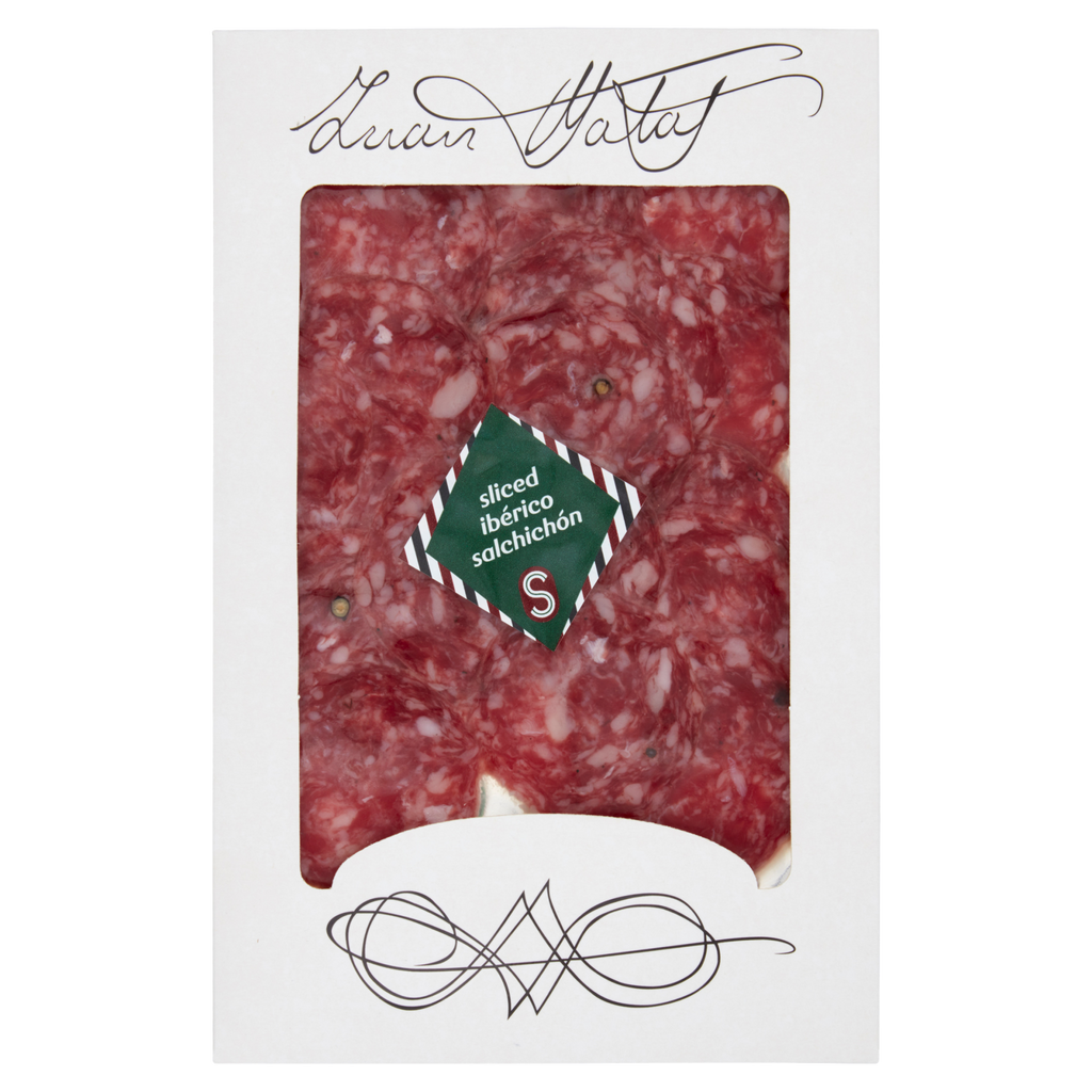 Packaged sliced salami with brand name on a white background