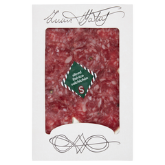 Packaged sliced salami with brand name on a white background