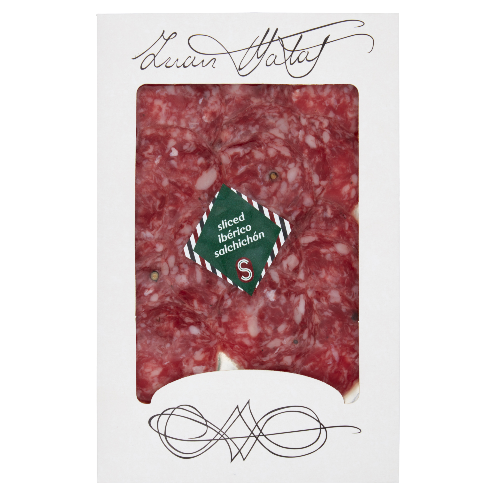 Packaged sliced salami with brand name on a white background