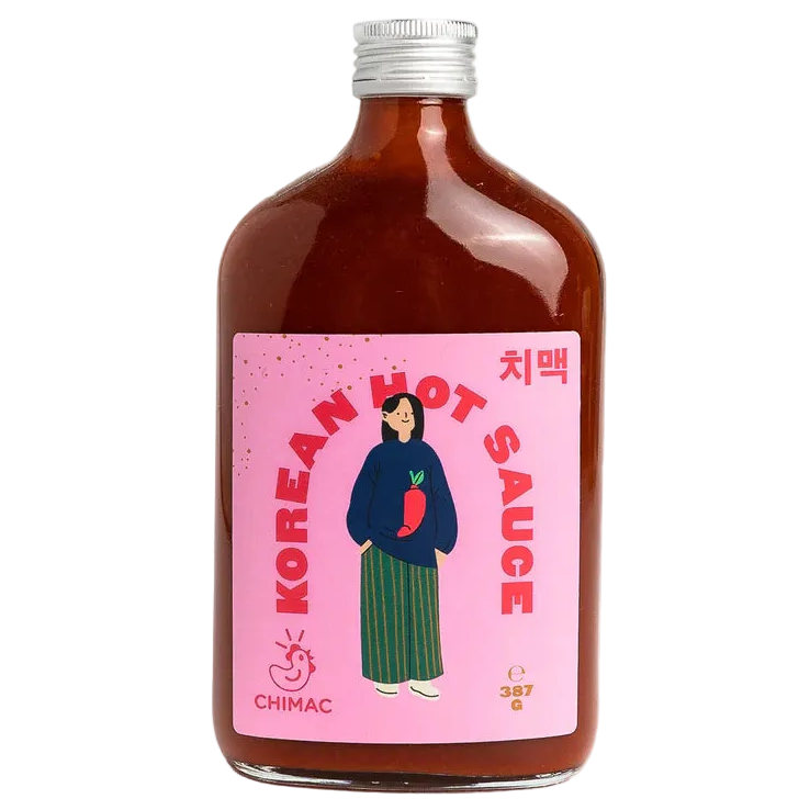 Bottle of Korean hot sauce with a pink label featuring an illustration on a white background