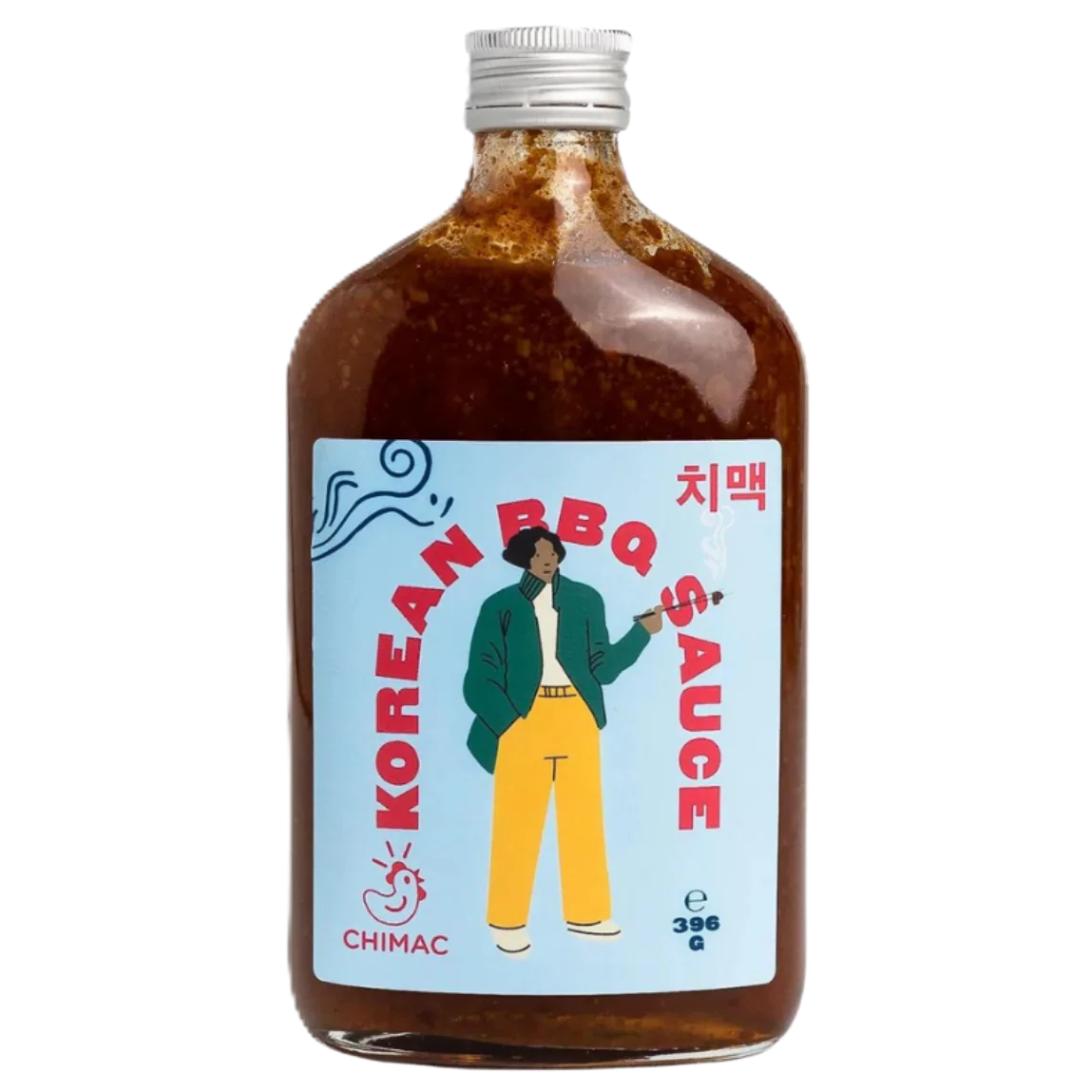 A bottle of CHINAC Korean BBQ Sauce with a light blue label featuring an illustration of a person, set against a plain white background.