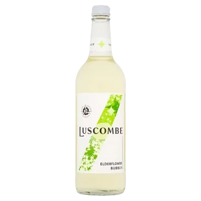 Bottle of Luscombe elderflower bubbly on a white background