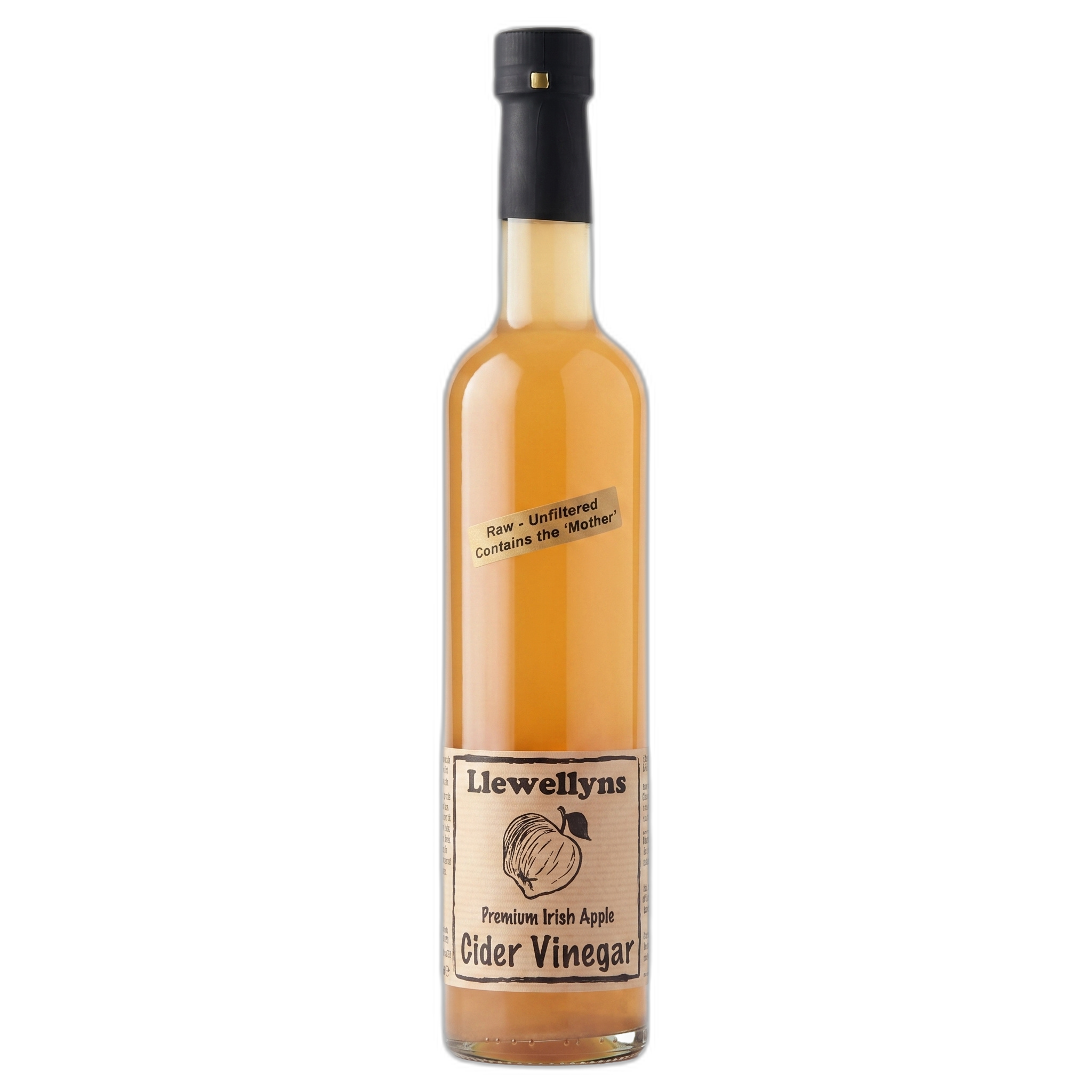 Bottle of Llewellyns Premium Irish Apple Cider Vinegar on a white background