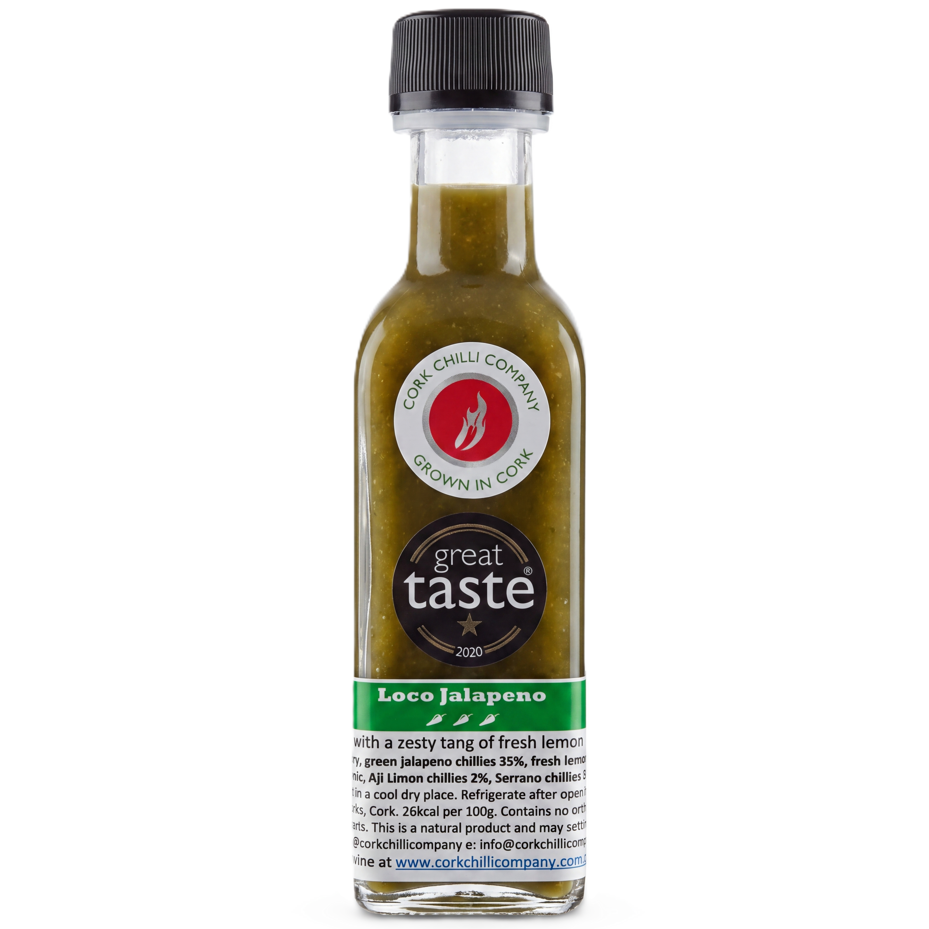 A bottle of Cork Chilli Company 'great taste' Loco Jalapeño sauce, featuring a clear glass bottle filled with green chili sauce, a black cap, and a white and green label.
