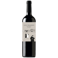 A bottle of Los Frailes Pinot Noir wine with a black cap and a light beige label featuring black line art of figures and a house.