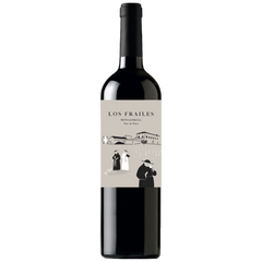 A bottle of Los Frailes Pinot Noir wine with a black cap and a light beige label featuring black line art of figures and a house.