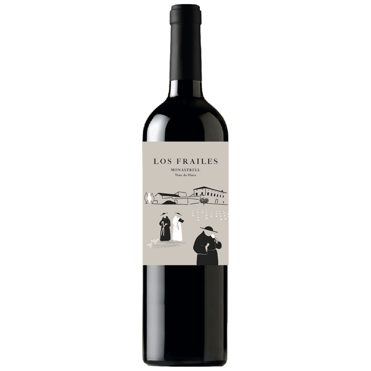 A bottle of Los Frailes Pinot Noir wine with a black cap and a light beige label featuring black line art of figures and a house.